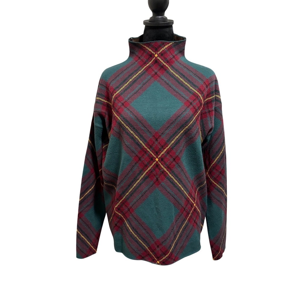 Tahari Plaid Mock Neck Sweater Women Large Teal Burgundy Diamond Knit EUC